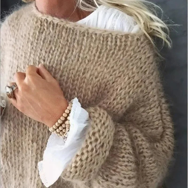 Frauen Pullover Gestrickte Lose Feste Pullover Regelmäßige Volle Hülse Dicke Splice Jumper Rundhals Casual Top 2023 Herbst Winter.