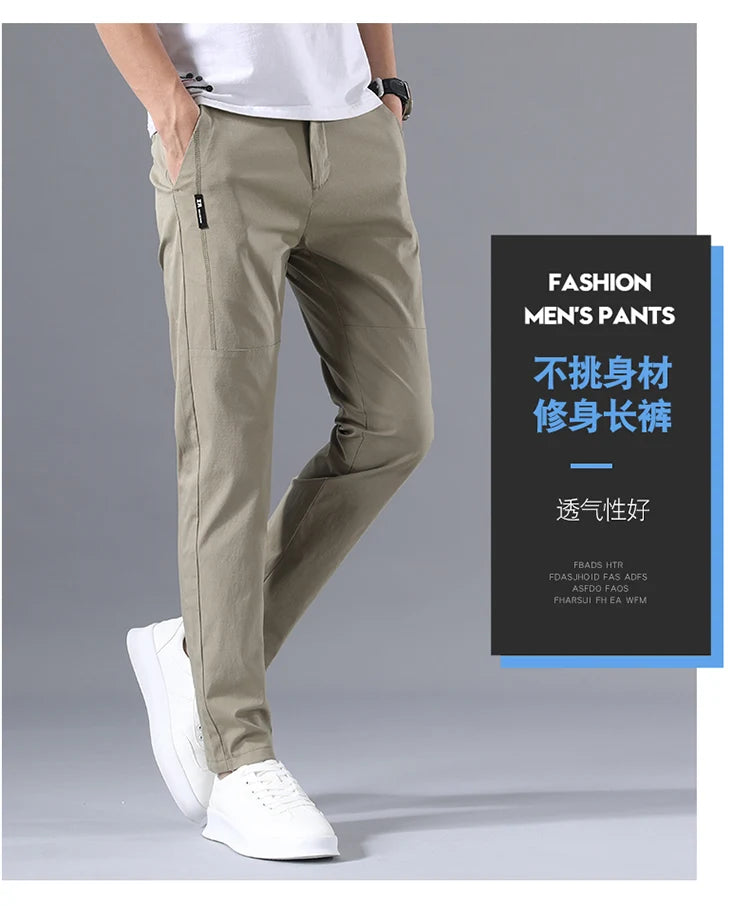 2025 Men's Casual Pants Slim Fit Stretch Classic Chino Trouser Male Stretch Elastic Korean Summer Dress Ice Light Thin Business.