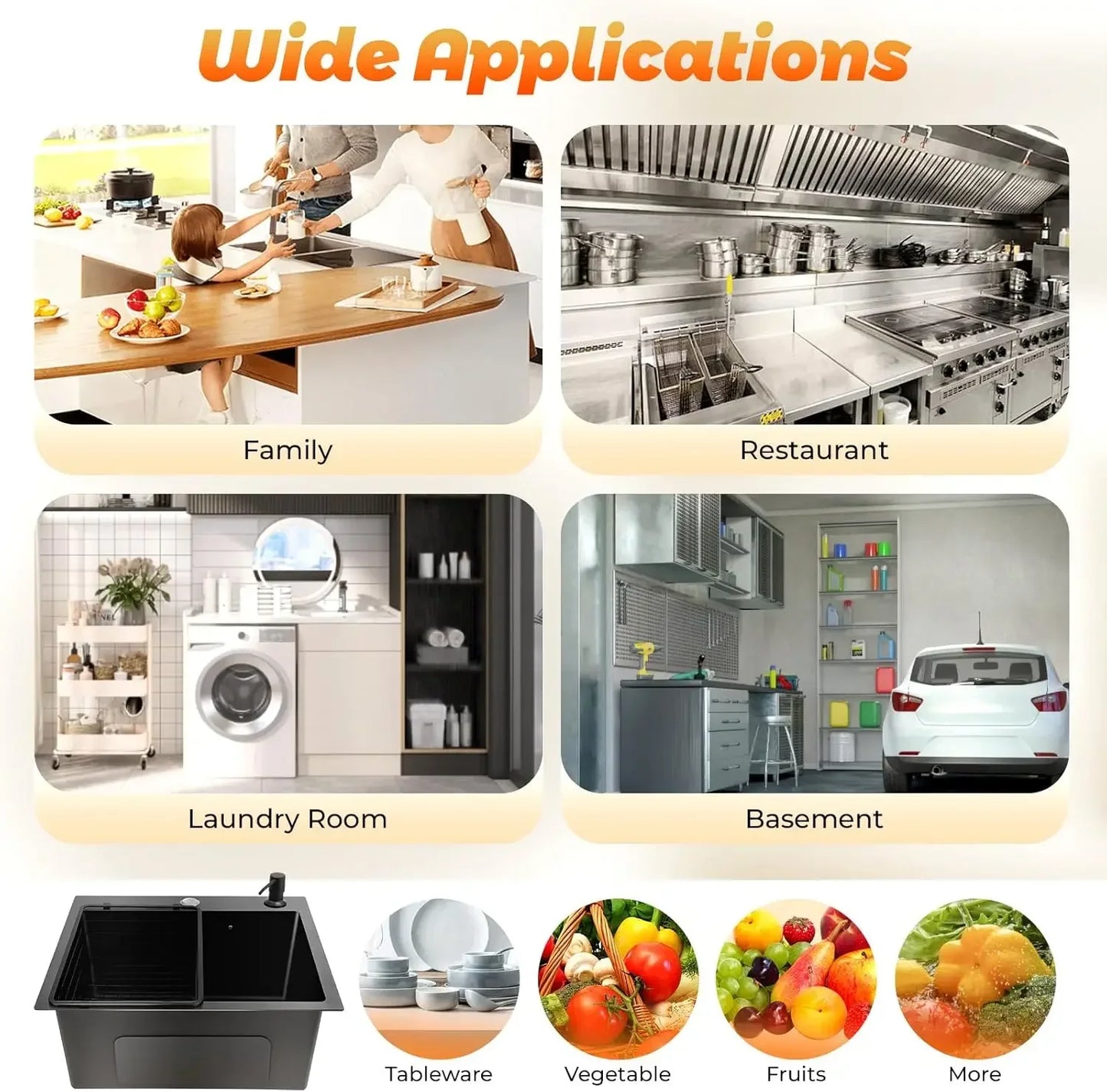 Küchenspüle, Schwarz, 45 x 40 cm, Küchenspüle, 1 Waschbecken, Edelstahl, quadratisch, moderne integrierte Spüle (ohne Wasserhahn)