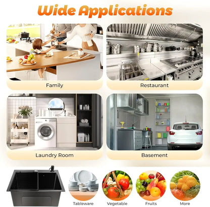 Küchenspüle, Schwarz, 45 x 40 cm, Küchenspüle, 1 Waschbecken, Edelstahl, quadratisch, moderne integrierte Spüle (ohne Wasserhahn)