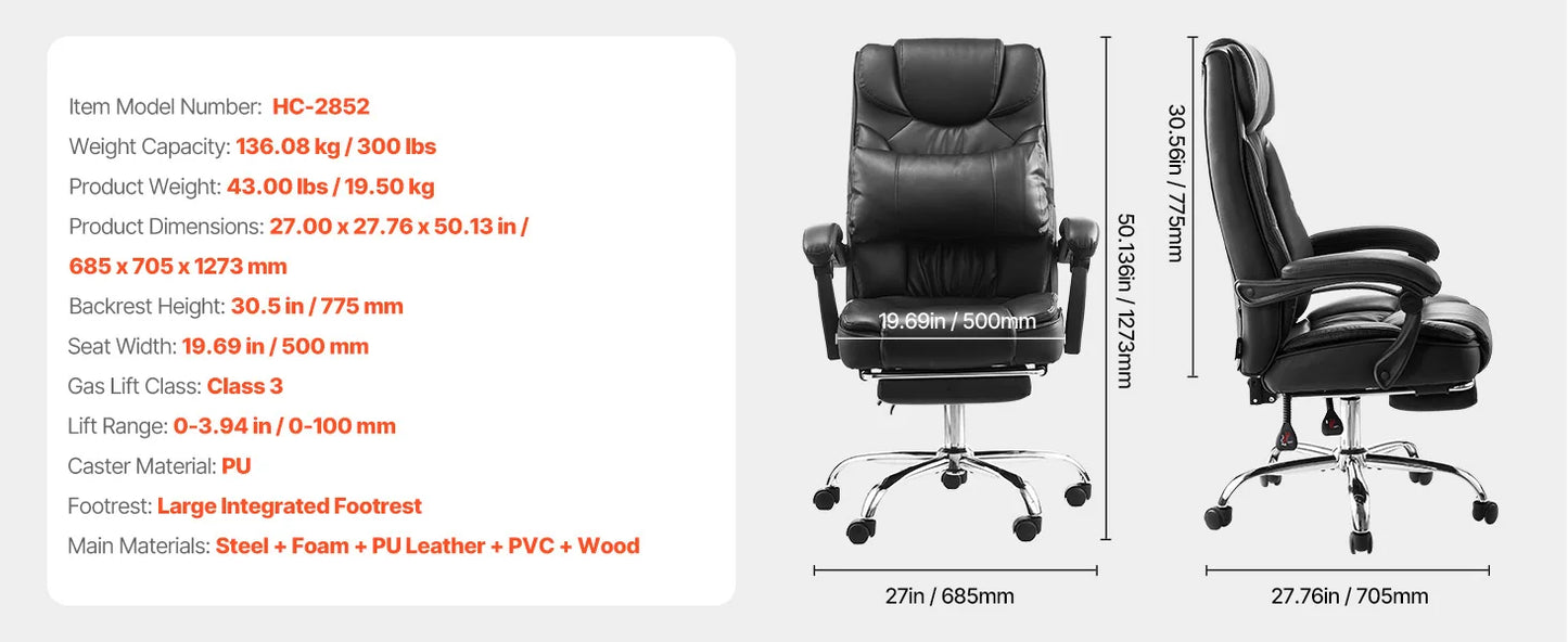 VEVOR Chefsessel Bürostuhl Drehstuhl mit hoher Rückenlehne & Fußstütze & Lendenkissen, ergonomischer Schreibtischstuhl mit 135° Neigung und einstellbarer Höhe, für Arbeit Arbeitszimmer Spielen