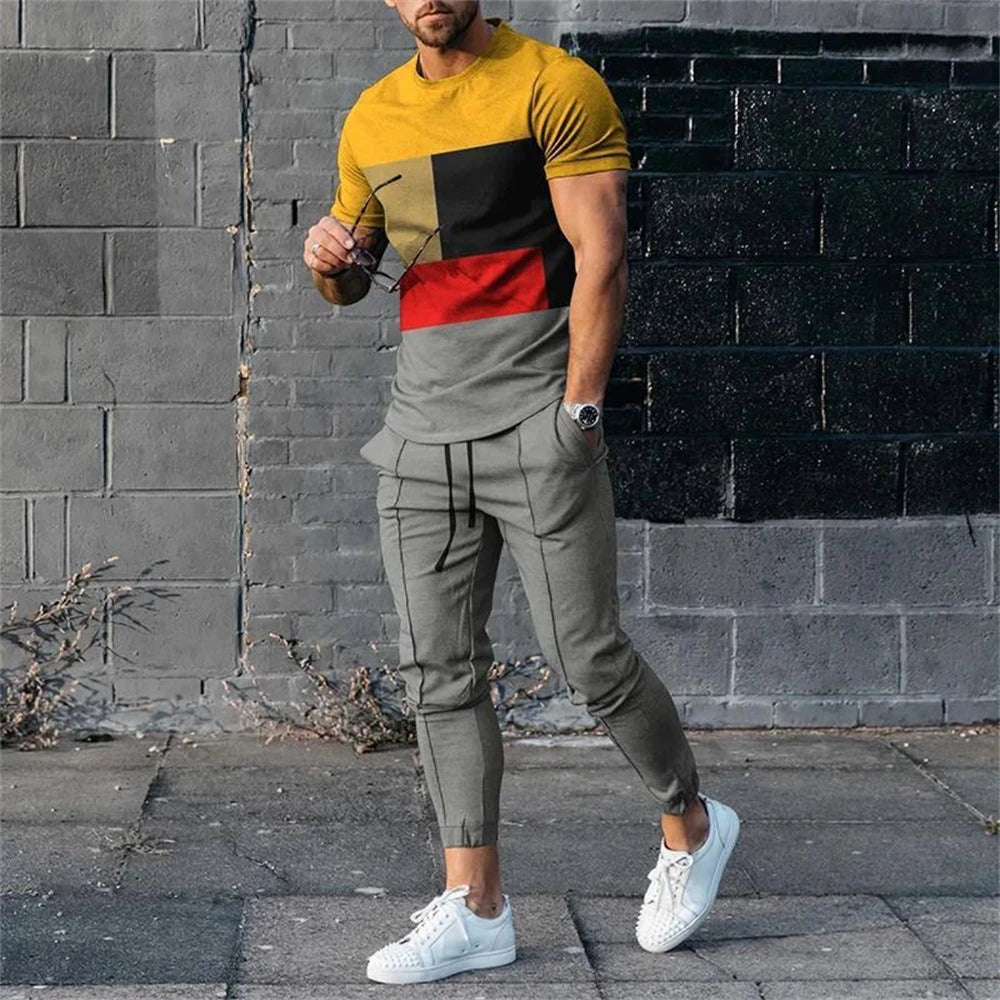 Men's T-Shirt Tracksuit 2 Piece Set Short Sleeve Sportswear Suits Fashion Men's Clothing Trousers Casual O-Neck Tops Pants Suits.