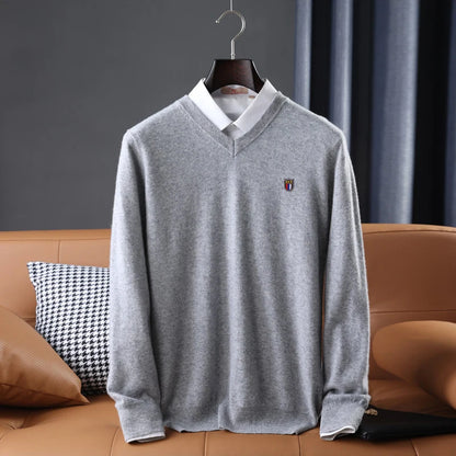Soft Warm Pullover Cashmere Sweater Men's V Neck Thickened Classic Tops Autumn Winter New  Casual Solid Color Knitted Pullover.