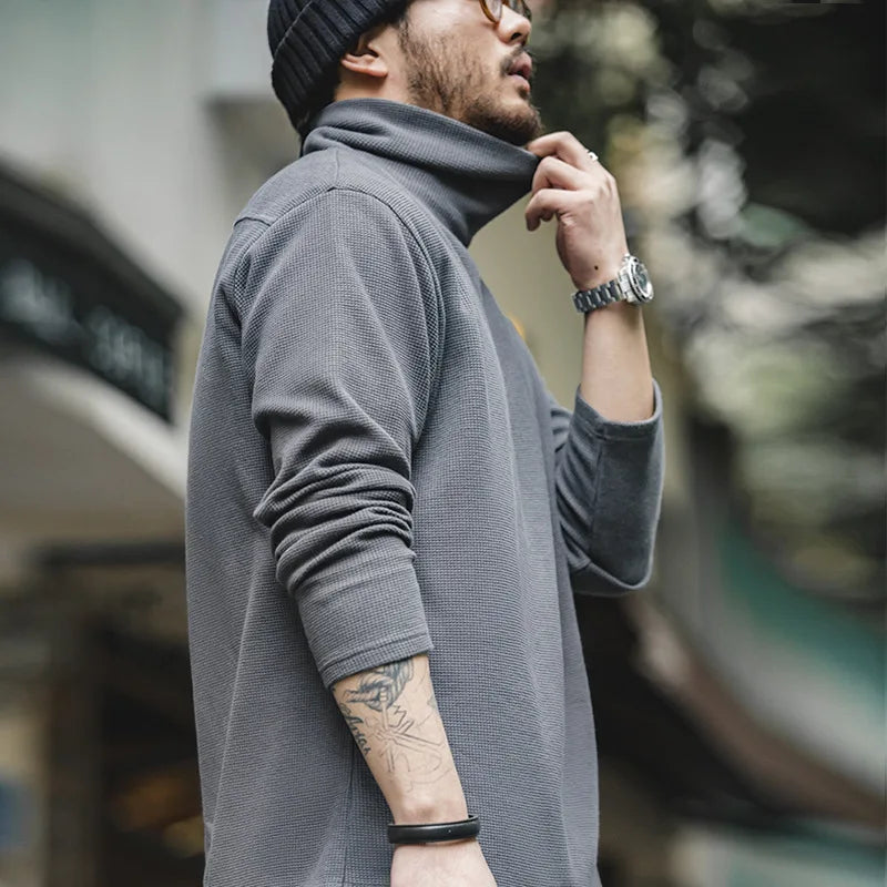 Maden Casual Gray Knitted Turtleneck Sweaters Men's Vintage 310g High Collar Waffle Pullovers Basic Fashion Black Warm Jumper.