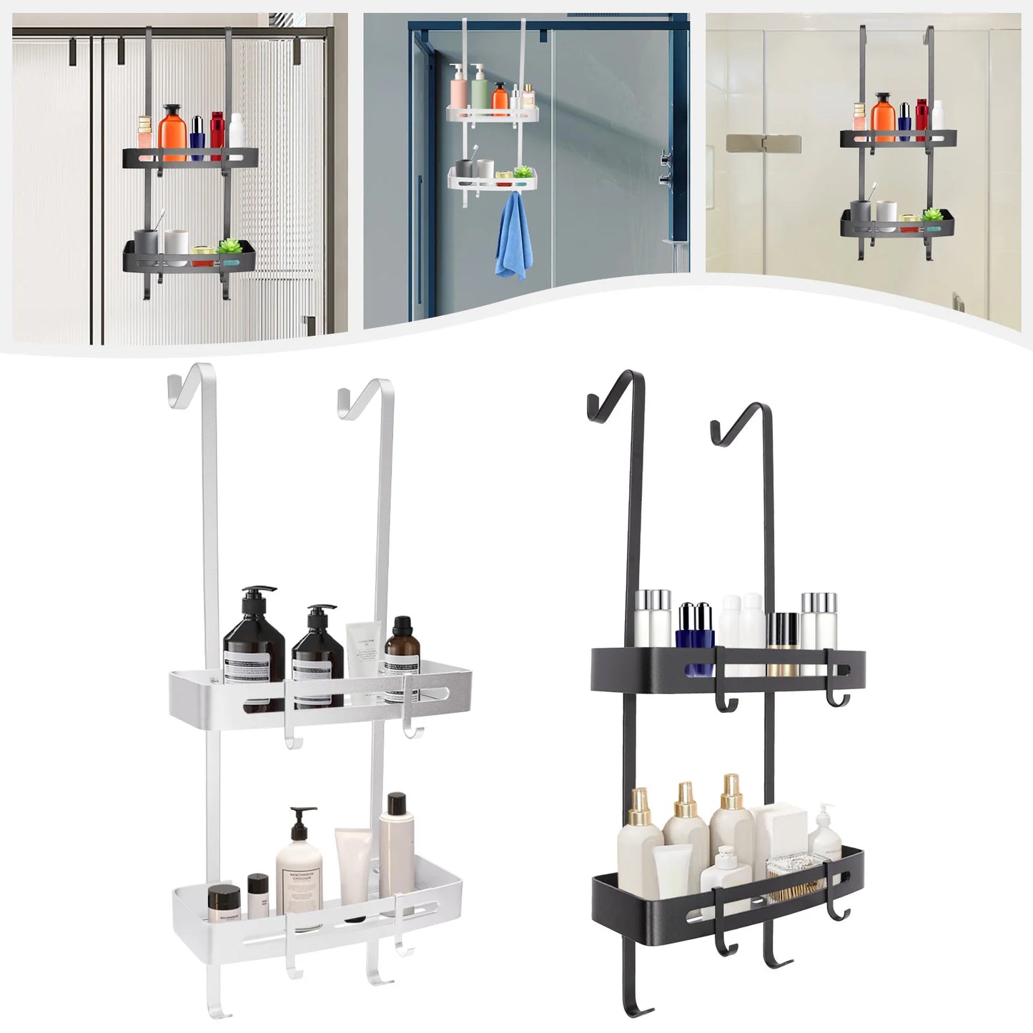 2-stufiges Badezimmerregal, hängendes Duschregal, silberfarbenes/schwarzes Regal, 6 Haken für Badezimmer, Küche, Wohnzimmer