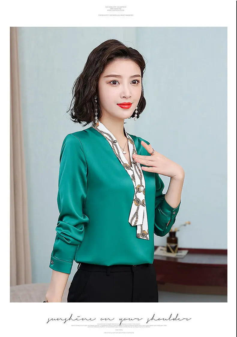 Women's fashionable streamer tops fashionable and elegant small fragrance style covering the belly satin shirt.