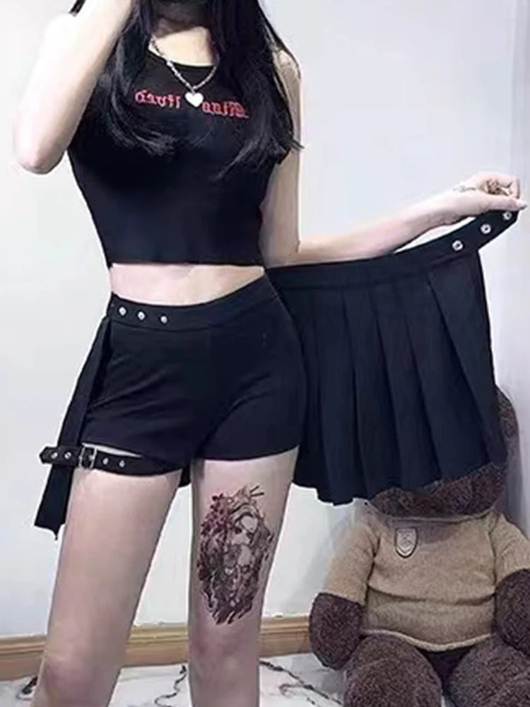 AltGoth Punk Mall Goth Shorts Skirt Women Y2k E-girl Streetwear Harajuku Leg Ring Buckle Detachable High Waist Emo Alt Clubwear.