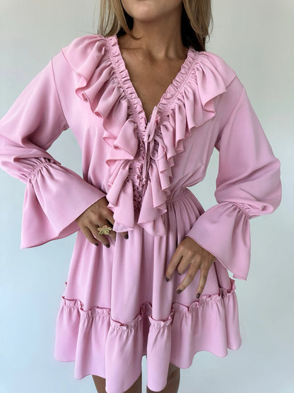Glänzendes gekräuseltes weißes Mini kleid mit V-Ausschnitt, weibliches Patchwork, langärmliges, elegantes Verband-Mode kleid, hoch tailliertes Schnür kleid für Frauen
