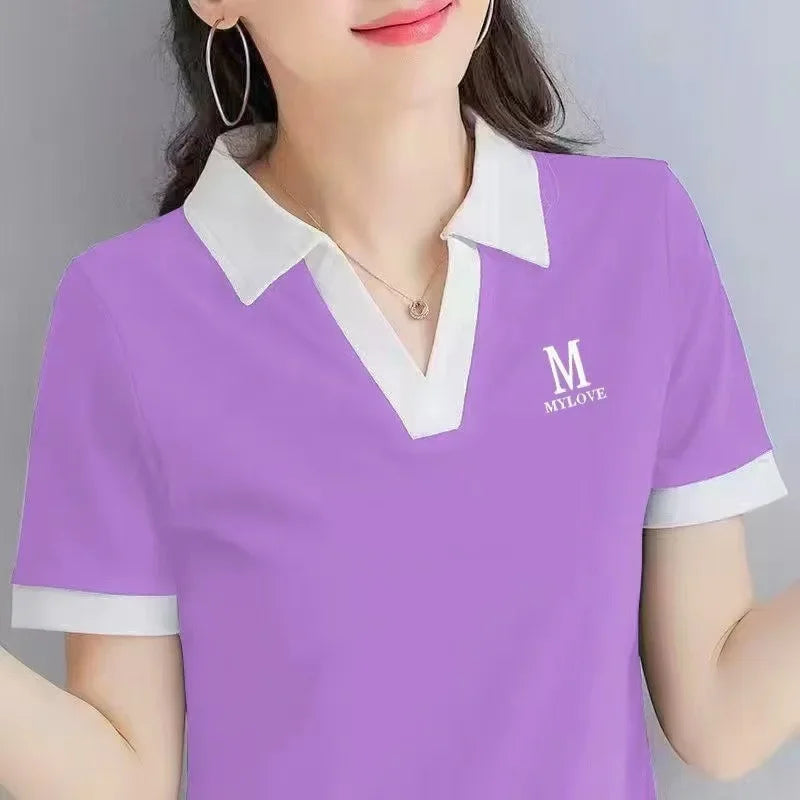 Loose Fit Women's Short Sleeve Polo Neck T-Shirt Summer Slimming Fashionable Top Quality Pure Color Cross-Border Independent.