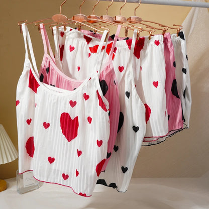 Damen-Pyjama-Set mit Herz-Print, süßes sexy Straps-Top, Shorts, lässiges Heim-Nachtwäsche-Set, bequeme Baumwoll-Loungewear