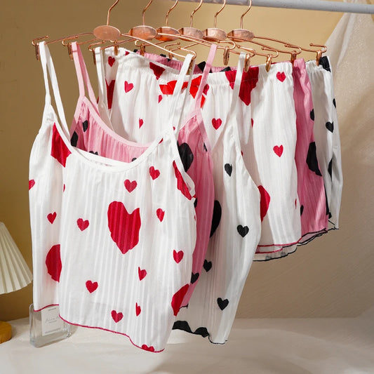 Damen-Pyjama-Set mit Herz-Print, süßes sexy Straps-Top, Shorts, lässiges Heim-Nachtwäsche-Set, bequeme Baumwoll-Loungewear
