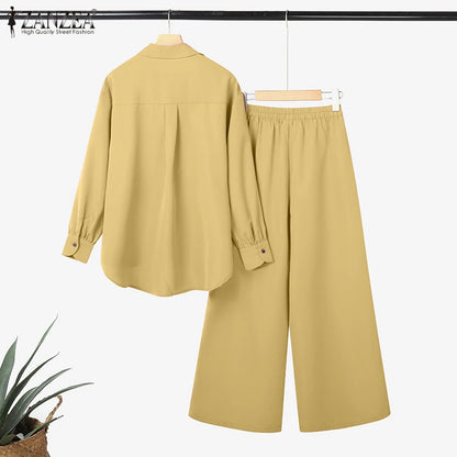 2025 ZANZEA Fashion Lapel Long Sleeve Tops Pant Suit Autumn 2 Piece Sets Women Outfits Office Pant Sets Casual Work OL Tracksuit.