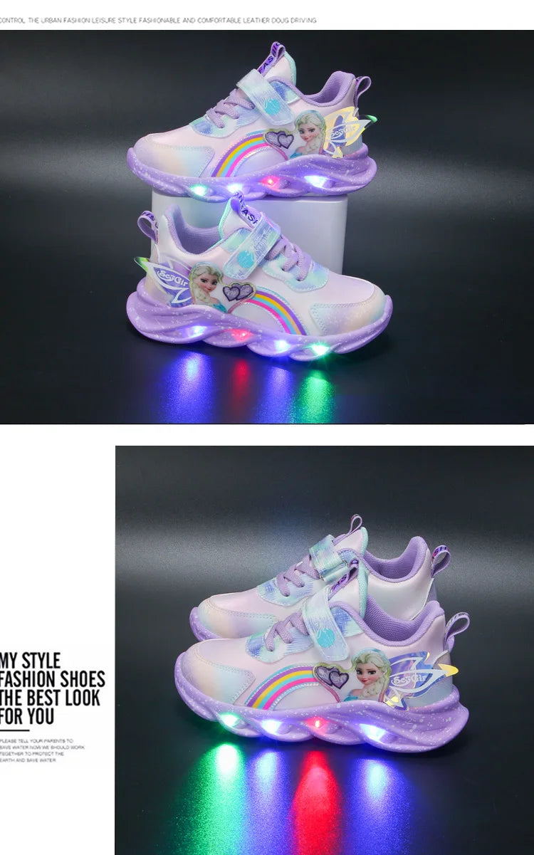 Disney Girls' Casual Shoes Led Lights Mesh Breathable Children's Sports  Princess Elsa Pink Purple Shoes Sneakers Size 22-37