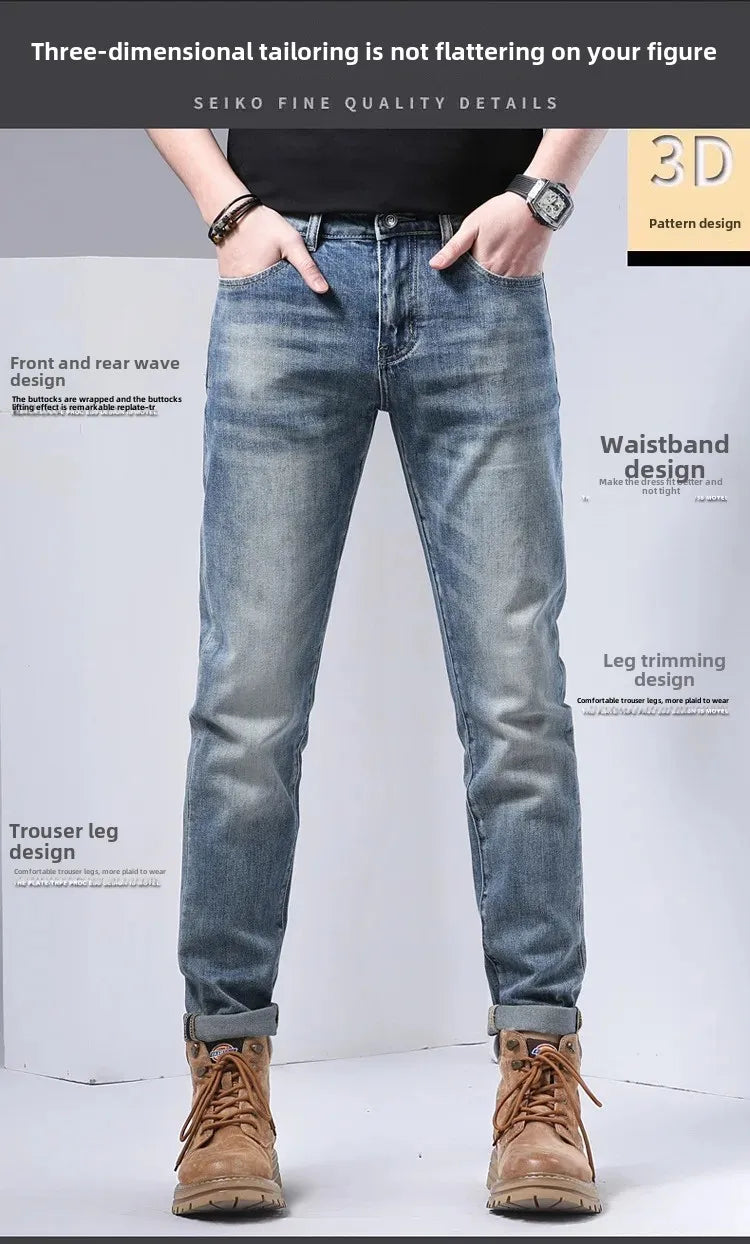 2024 Men's Fashionable Simple Stretch Slim Fit Denim Trousers European Style High Quality Casual Export Men Pants.
