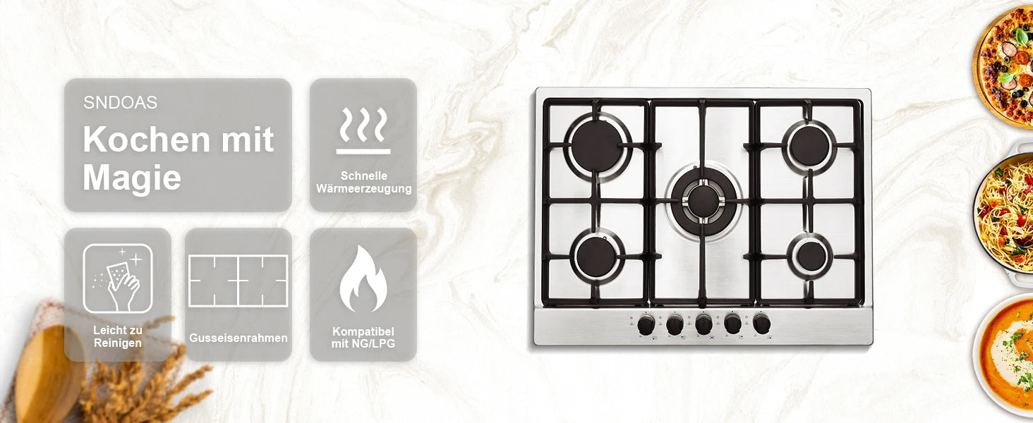 68cm 5-Burner Gas Hob Stainless Steel Gasherd Auto Flame Shield & Dual Fuel (Erdgas/LPG) 10460W Pro Line Built-in/Standherd.