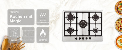 68cm 5-Burner Gas Hob Stainless Steel Gasherd Auto Flame Shield & Dual Fuel (Erdgas/LPG) 10460W Pro Line Built-in/Standherd.