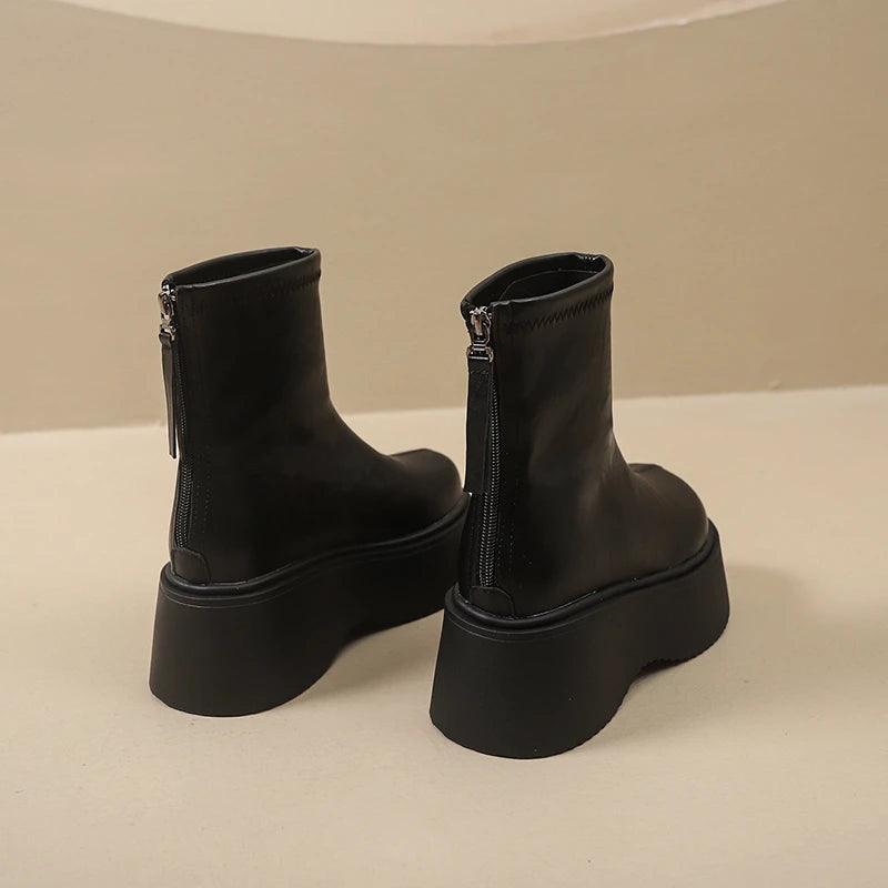 Autumn Winter Chunky Heel Women Short Boots Vintage Round Toe Platform Shoes Ladies Short Plush Gothic Ankle Booties