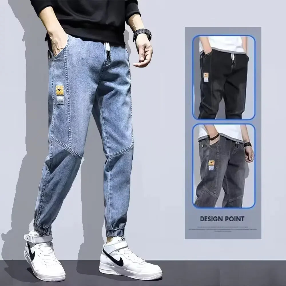 Lose lässige Harem-Jeans für Herren, trendige elastische Taille, einfache Neun-Punkte-Hose, gerades Bein, lockere Passform, Alltagskleidung, chinesische Marke.