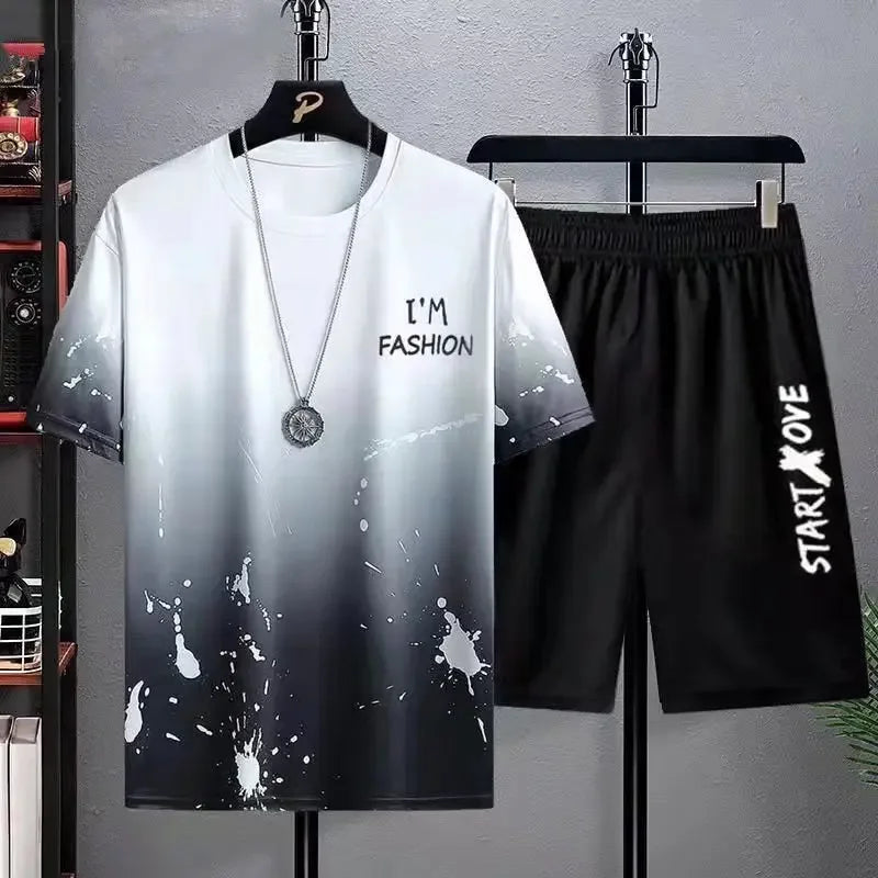 Cool Ice Silk Short Sleeve And Shorts Sports Set for Men Summer 2025 New Style Trendy Teenagers Casual Fashion Outfit.