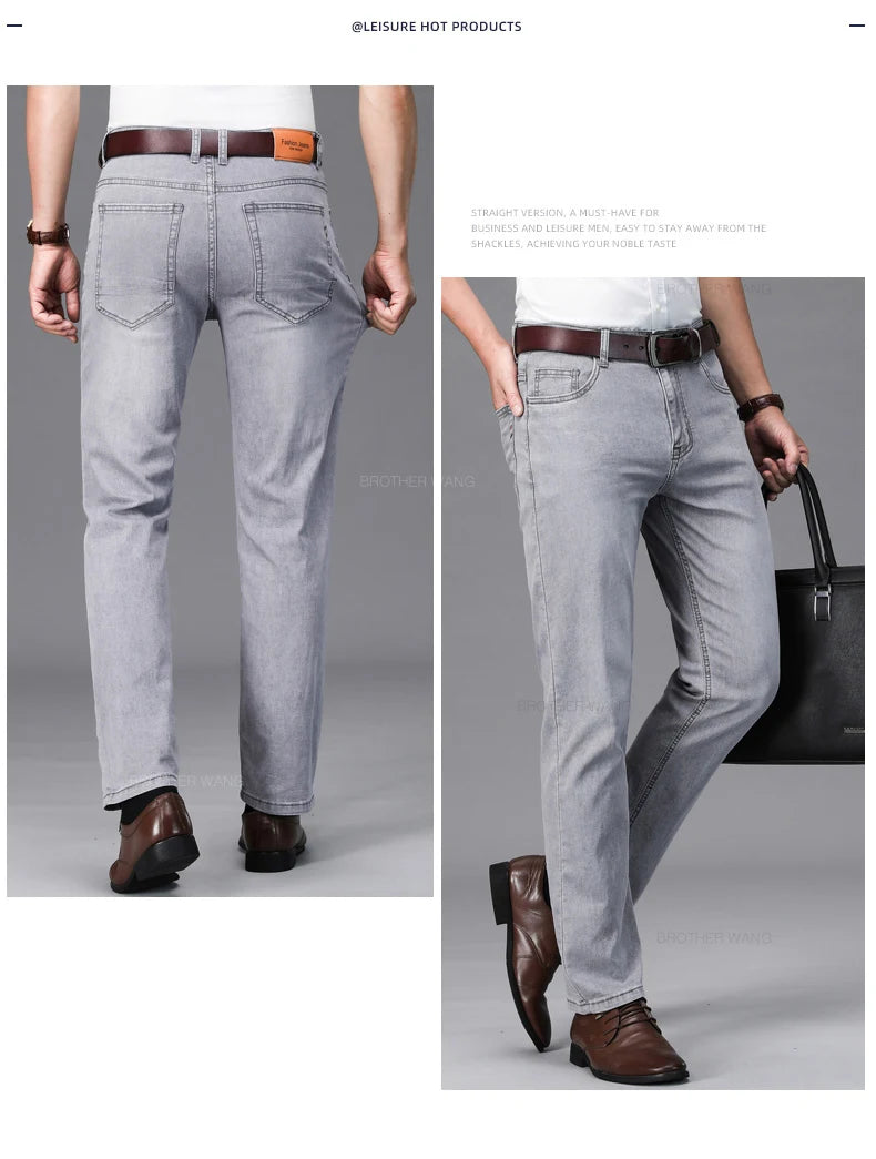 Brand Men's Fashion Summer Thin Jeans Comfortable Stretch Cotton Business Straight Casual Denim Pants Light Gray Blue Pants.