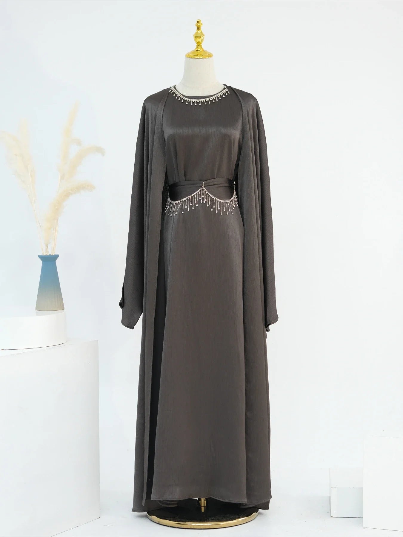 Ramadan Muslim Women 2 Piece Set with Chain Party Dresses Abaya Eid Jalabiya Sashes Diamond Morocco Dubai Kaftan Cardigan Robe