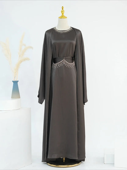 Ramadan Muslim Women 2 Piece Set with Chain Party Dresses Abaya Eid Jalabiya Sashes Diamond Morocco Dubai Kaftan Cardigan Robe