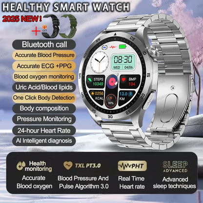 2025New Micro Physical Examination Blood Lipids Uric Acid Blood Pressure Smart Watch ECG+PPG Clock Bluetooth Call Smartwatch Men