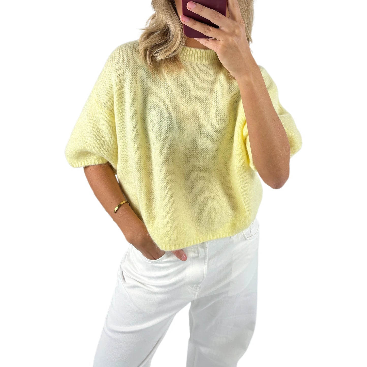 Damen Frühling Herbst Strickpullover Halbarm O Hals Einfarbig Lässige Strickwaren