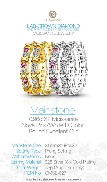 GIGAJEWE Moissanite D Nova Pink Color VVS1 Total 1.92ct 925 Silver Earring 18K Gold Plated Diamond Test Passed Jewelry Girl Gift.