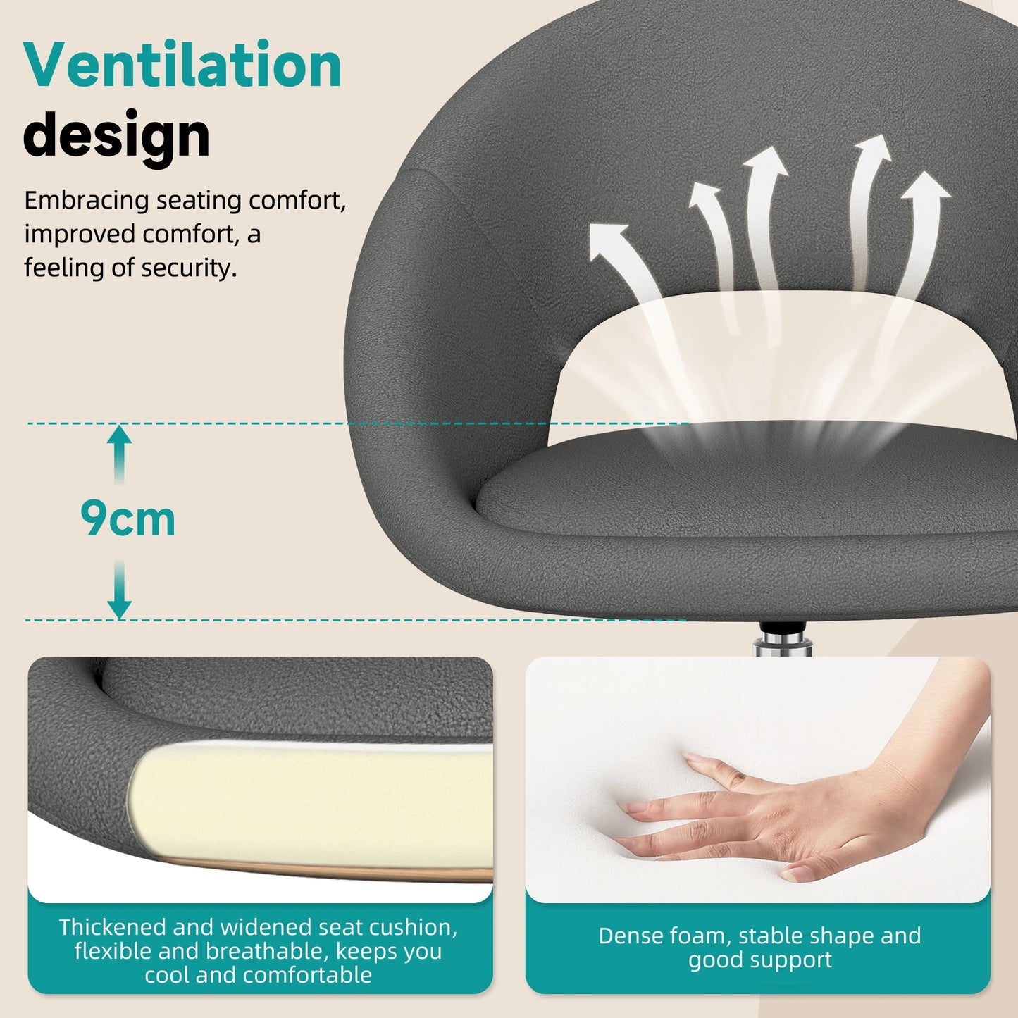 AUTHMIC Ergonomischer drehbarer Schminkstuhl mit Rückenstütze, höhenverstellbar, geräuschloser Rollen, Make-up-Schreibtischsitz für das Heimbüro
