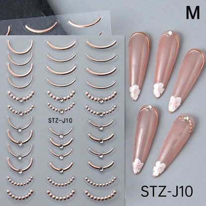 French Tips Nail Sticker 5D Embossed Crystal French Nail Decals Gold Silver Black Line Design Adhesive Slider Nails Art.