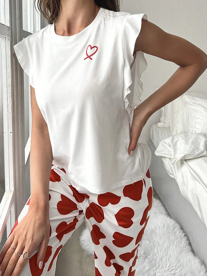 2024 White T-Shirt Women's Pajama Set Sexy Fly Sleeve Vest Pants Sleepwear Heart Print Casual Pyjamas Loungewear Spring 2-piece.