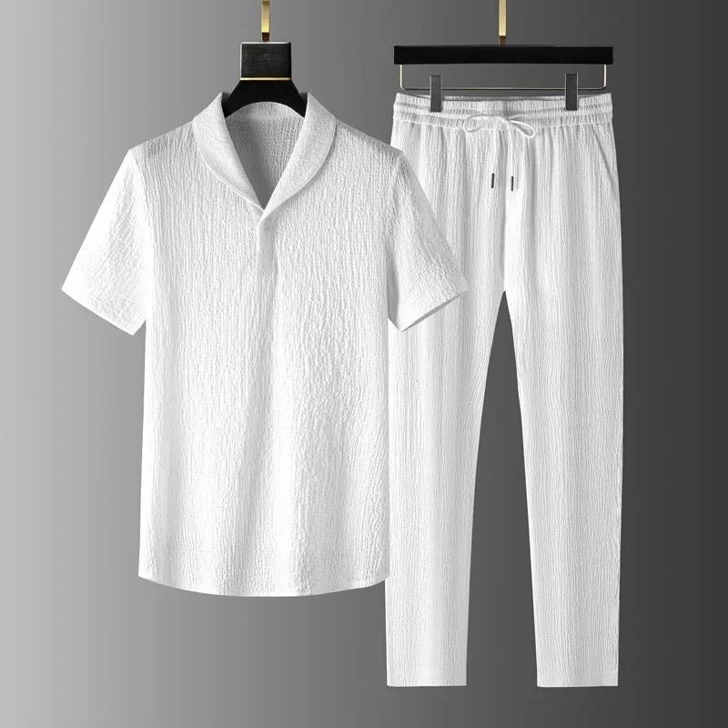 Summer Casual Thin Linen Set Men's Sport Suit Outdoor Wear Short Sleeve Long Pants Two-Piece Set Lightweight Comfortable Fit.