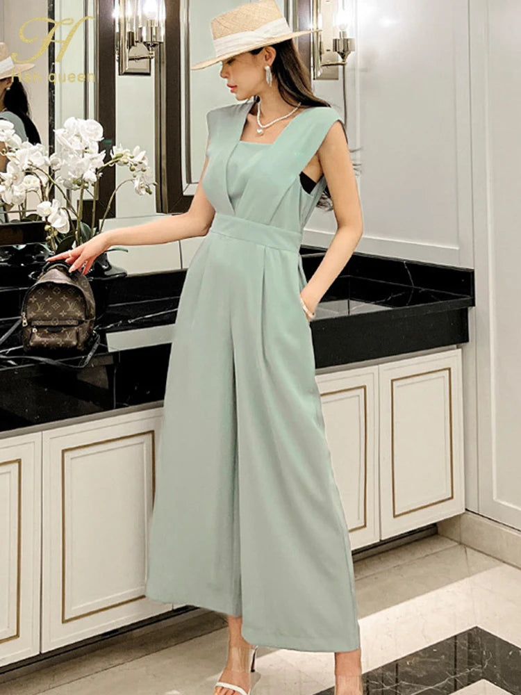 H Han Queen Summer Elegant Business Jumpsuits Women Simple Wide Leg Long Playsuits Korean Sleeveless Casual Rompers Office Lady.
