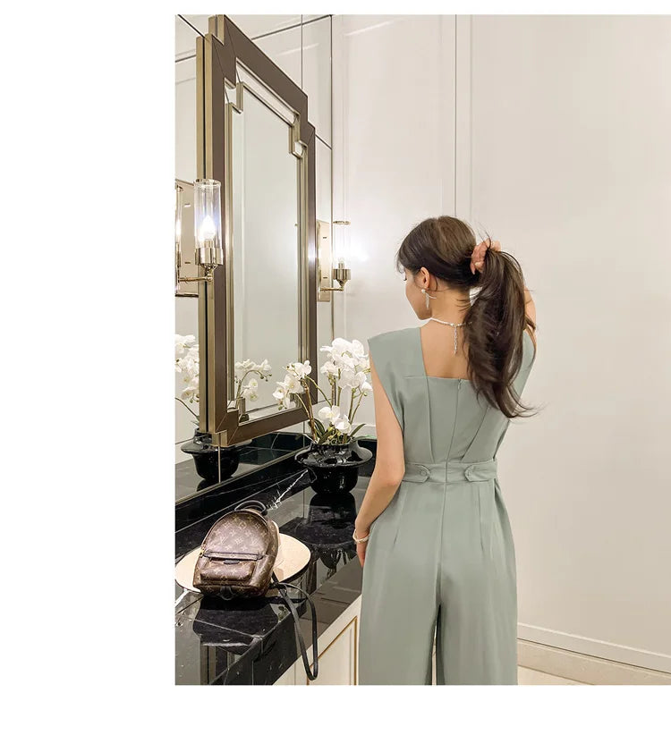 H Han Queen Summer Elegant Business Jumpsuits Women Simple Wide Leg Long Playsuits Korean Sleeveless Casual Rompers Office Lady.