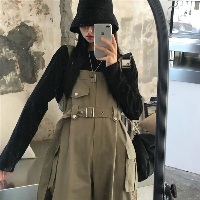 Jumpsuits Women Design Loose Fashion Vintage Students Spring Korean Style Straight Leisure Belt Simple Solid Elegant Tender Cozy.
