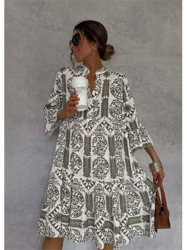 Neue Stil Casual Print Drei-viertel Hülse Hemd Kleid Für Frauen Sommer Mode V-ausschnitt Lose Urlaub Casual Kleider robe Femme.