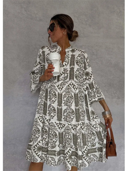 Neue Stil Casual Print Drei-viertel Hülse Hemd Kleid Für Frauen Sommer Mode V-ausschnitt Lose Urlaub Casual Kleider robe Femme.