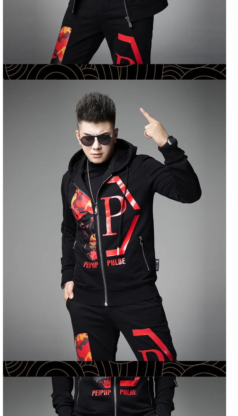 2024 Mens Two Piece Sets Fashion Streetwear Casual Winter Suits Skull Pattern Hooded Black Tracksuit Men Clothes Ropa De Hombre.