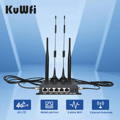 KuWFi 4G LTE WiFi Router 2.4G CAT4 300Mbps RJ45 Port Support VPN DDNS Firewall Function Wall-Mounted External 4pcs Antennas.