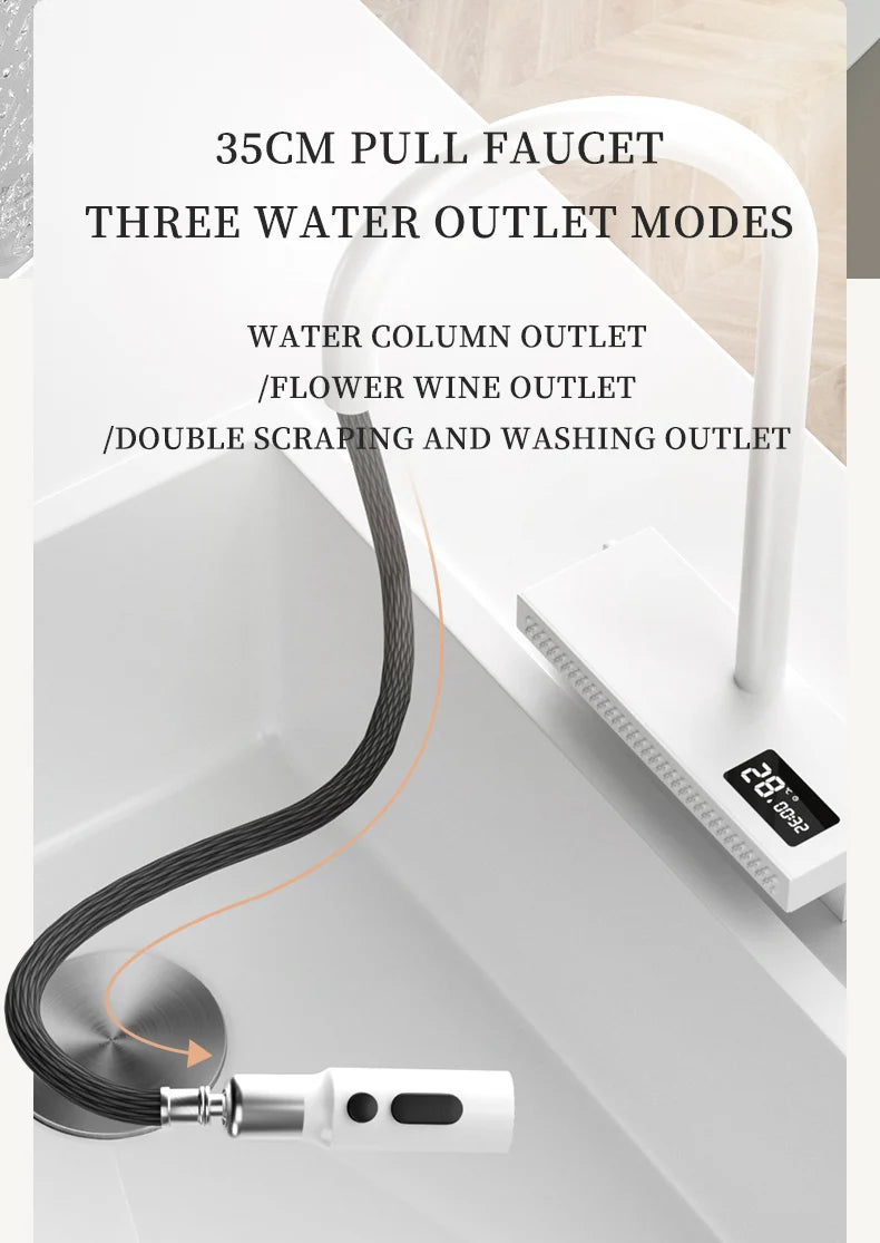 White Stainless Steel Kitchen Sink with Digital Display Multifunction Waterfall Faucet large Wash Basin for Kitchen Accessories