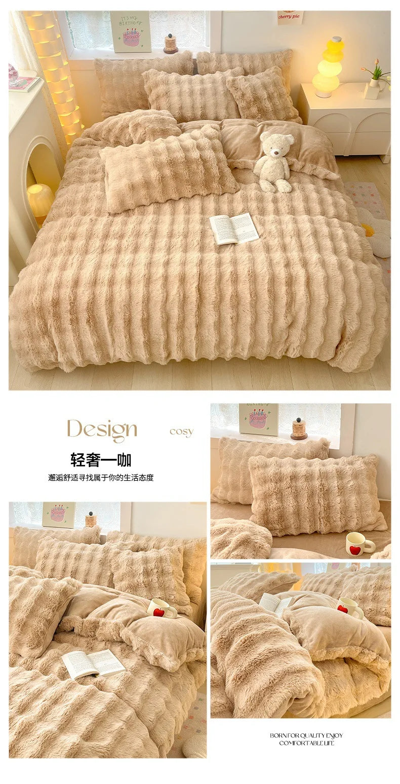 2024 new light luxury rabbit velvet four-piece set thickened warm milk velvet rabbit hair tie-dye bed sheet quilt cover