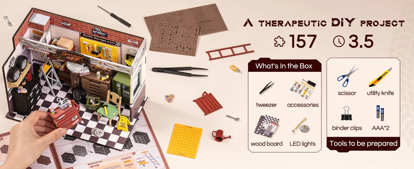 Robotime Rolife Dollhouse Miniature House Kit DIY Mini Garage Workshop LED Light Decorative Wooden Craft Gifts for Children.