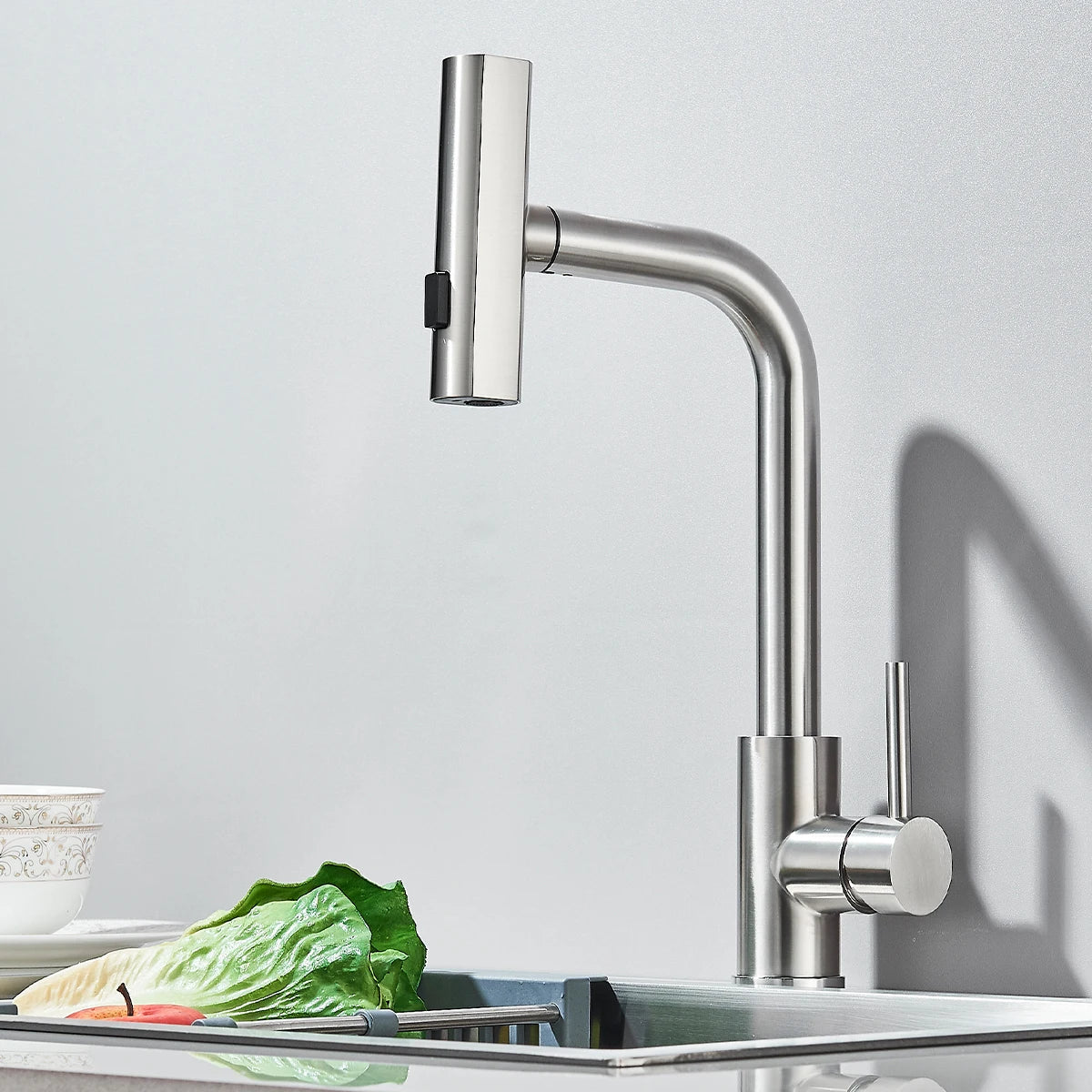 Gunmetal grey pull-out kitchen sink faucet, water flow spout, stainless steel, hot and cold water mixer, deck mounted faucet