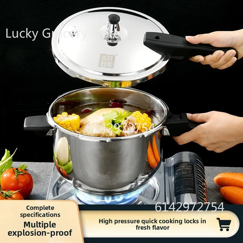 Stainless steel pressure cooker, stove compatible, used for safe cooking, canning, and stewing.