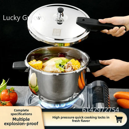 Stainless steel pressure cooker, stove compatible, used for safe cooking, canning, and stewing.