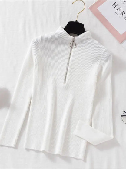 Frauen Fashion Solid Strick Pullover Vintage Langarm Zip-up Grundlegende Hälfte Rollkragenpullover Weibliche Pullover Chic Casual Tops