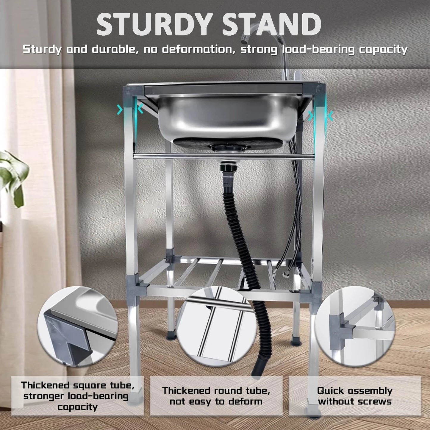 Freistehendes Küchenspülbecken aus Edelstahl mit Kaltwasserhahn – Einzelschüssel-Design, geeignet für Camping, Gärten, Wäsche.