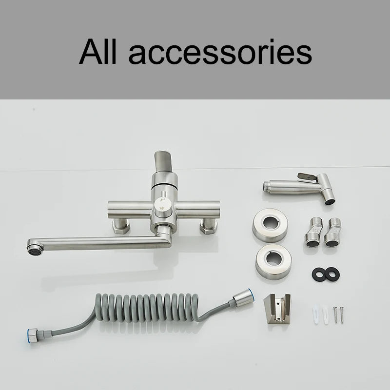 Kitchen Faucets Stainless Steel Wall Mounted Dual Hole Bathroom 360 Rotate Basin Faucet Cold Hot Water Mixer Taps With spray gun