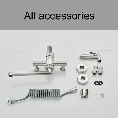 Kitchen Faucets Stainless Steel Wall Mounted Dual Hole Bathroom 360 Rotate Basin Faucet Cold Hot Water Mixer Taps With spray gun